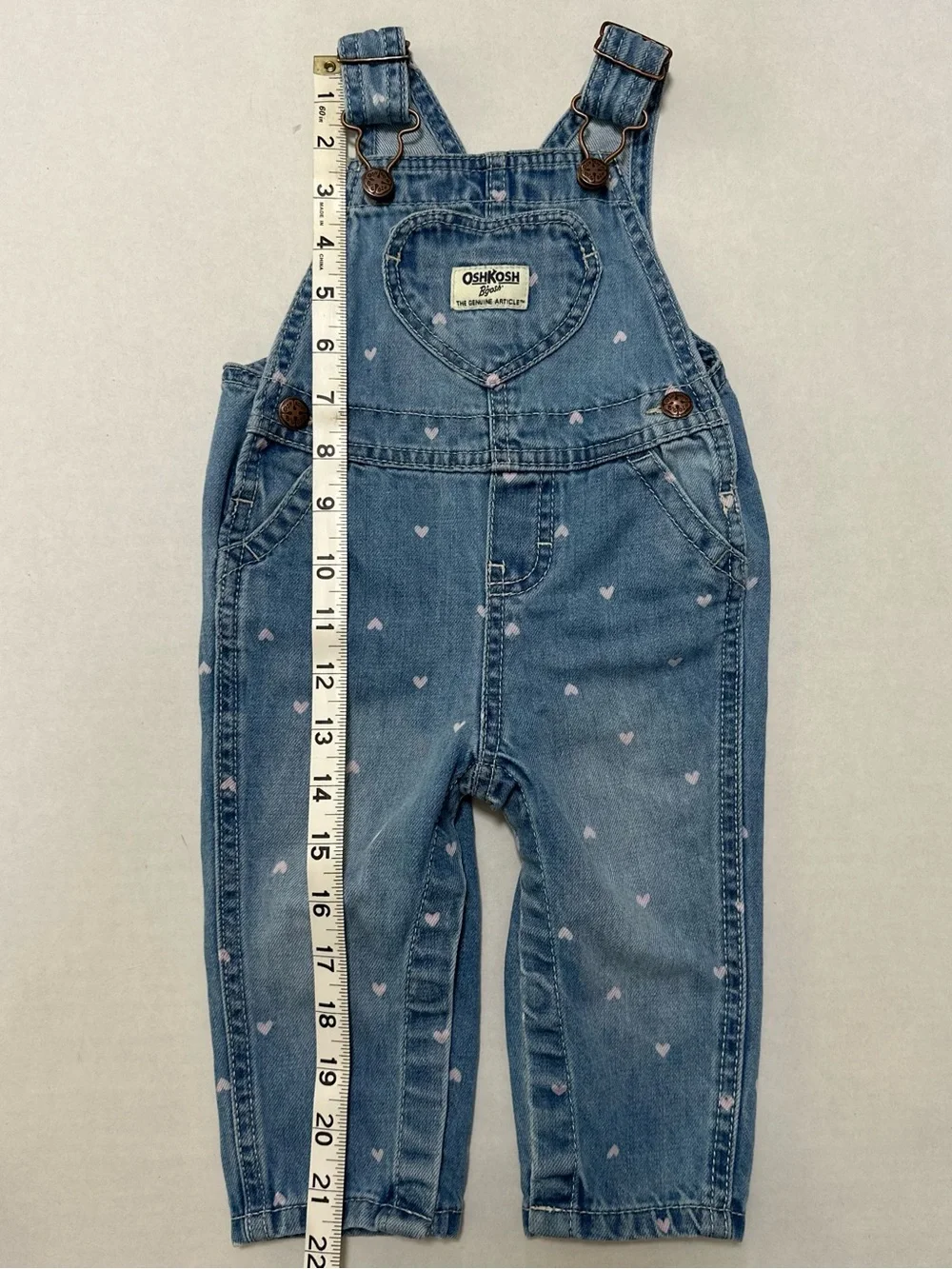 OshKosh 9mo Denim Heart Print Overalls Light Blue with Pink Hearts Heart Pocket